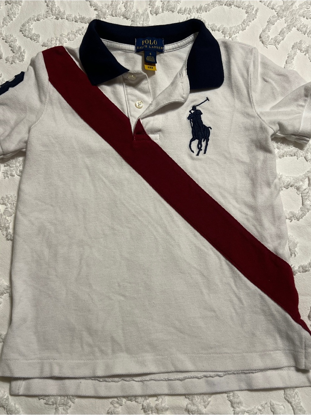 Polo by Ralph Lauren White Polo with Red Diagonal Stripe and Navy Collar